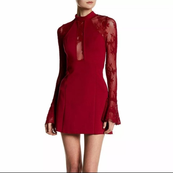 NWT FREE PEOPLE Berry Red It's Now or Never Ponte Lace Bodycon Mini Dress Sz S - Picture 1 of 11
